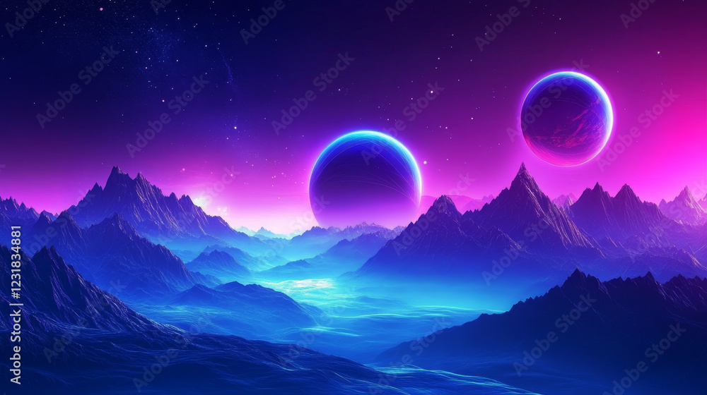 Poster futuristic cyber background with abstract neon glow blue and purple 3d wireframe mountain map with p