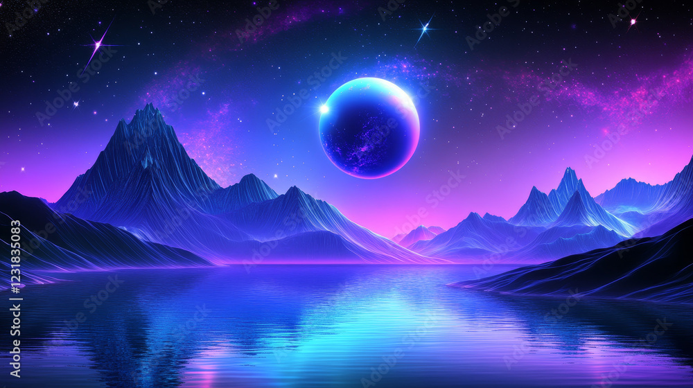 Poster futuristic cyber background with abstract neon glow blue and purple 3d wireframe mountain map with p