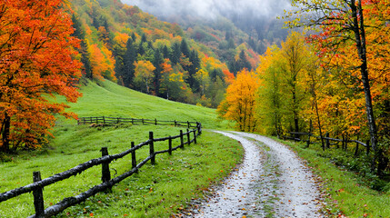 Naklejka premium Autumnal road, colorful trees, misty valley. Peaceful landscape, nature wallpaper