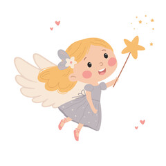 Flat vector illustration in children's style. Cute fairy princess with magic wand on white background 