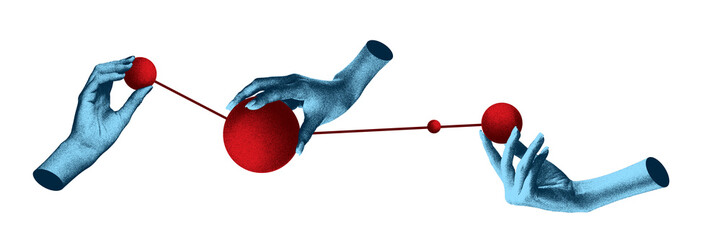 Teamwork representation with hands balancing red spheres on connected lines. Abstract design in...