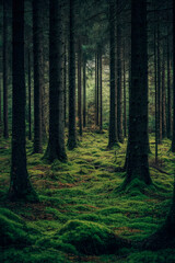 Obraz premium Mystical pine forest with tall straight trunks and moss-covered ground illuminated by soft natural light filtering through the canopy. Generative AI