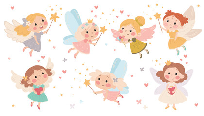 Flat vector illustration in children's style. Cute fairy princess with magic wand on white background 