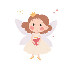 Cute fairy princess with heart and wings vector Illustration on a white background