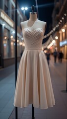 Fototapeta premium Cream strapless dress with pleated skirt on mannequin displayed in an urban evening setting