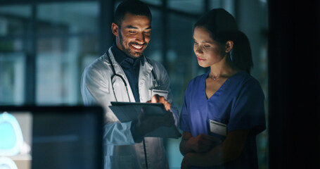 Healthcare, doctors and tablet in night hospital for discussion, patient update or research. Happy...