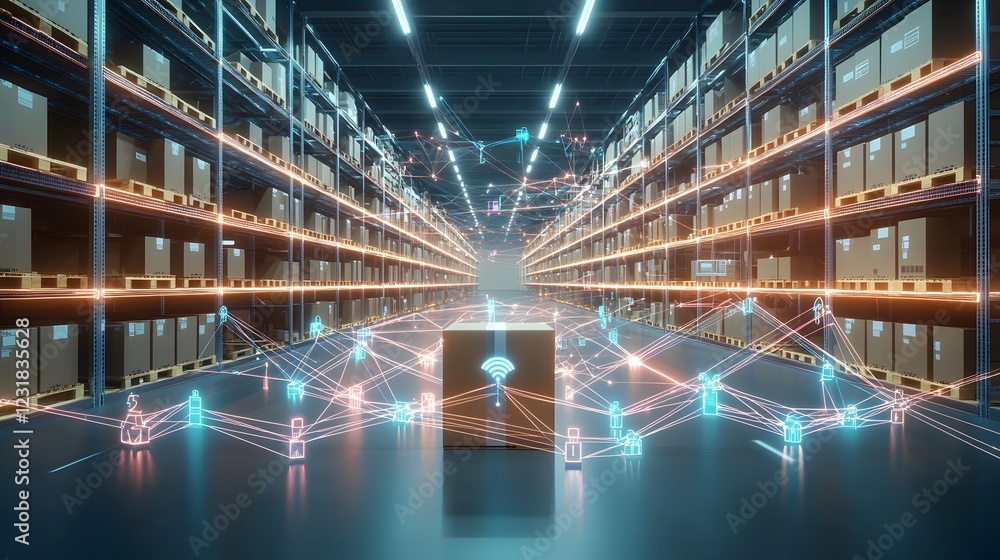 Poster Futuristic cybernetic supply chain hub with interconnected robotic distribution systems real time tracking holographic dashboards