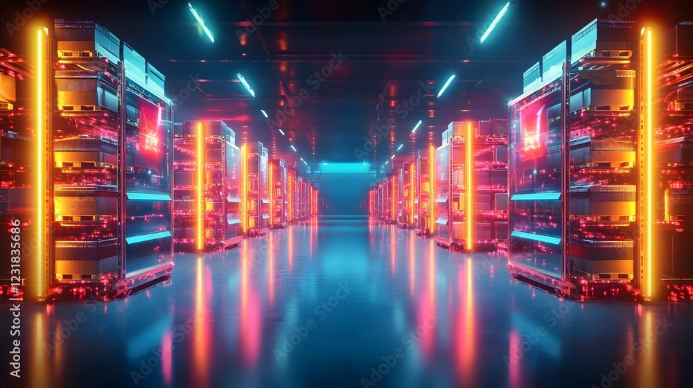 Fototapete Cutting Edge Futuristic Robotic Logistics Hub with Advanced AI Driven Package Sorting and Intelligent Holographic Dashboards Showcasing Glowing Neon Pathways and Fully Automated Distribution Networks
