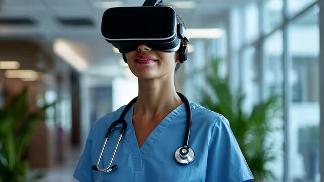 A doctor at a hospital is using medical innovation while donning virtual reality goggles. medical professional, healthcare
