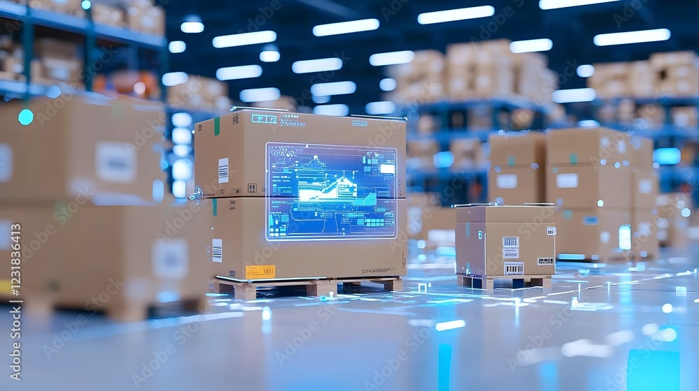 Aufkleber Futuristic smart warehouse facility with interconnected cybernetic logistics robots holographic AI driven tracking displays neon lit conveyor systems