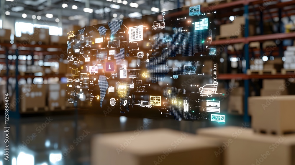 Aufkleber cutting edge futuristic warehouse filled with interconnected cybernetic logistics robots holographic