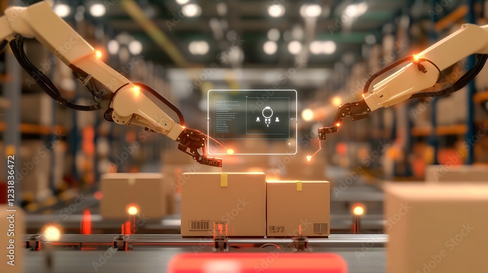 Aufkleber Futuristic cybernetic warehouse with fully automated robotic arms sorting packages on neon lit conveyor belts holographic logistics dashboard