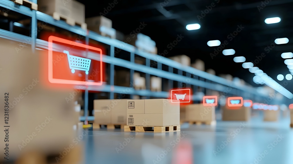 Poster Futuristic high tech smart warehouse filled with interconnected cybernetic logistics robots holographic AI driven tracking displays and neon lit conveyor systems