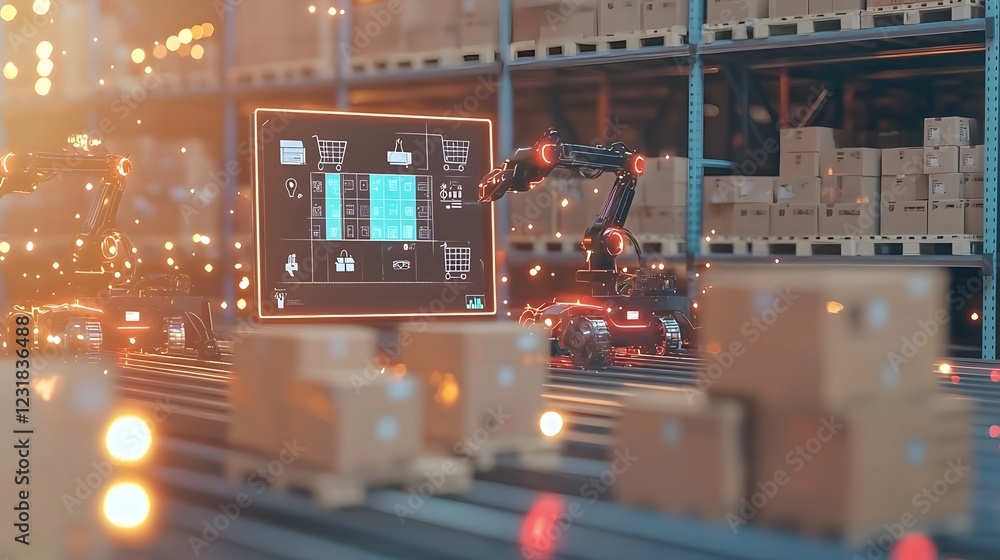 Poster futuristic cybernetic warehouse with fully automated robotic arms sorting packages neon lit conveyor