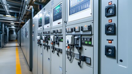 A room with many electrical panels and switches. The room is dimly lit and the panels are lit up