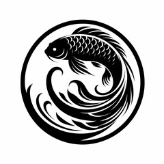 Fototapeta premium Black silhouette of a serene swimming koi fish in a circular frame