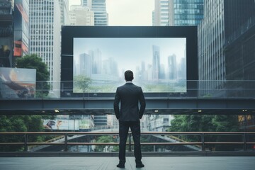 Businessman looking at a futuristic digital signage displaying a green city, symbolizing the concept of smart cities and sustainable development