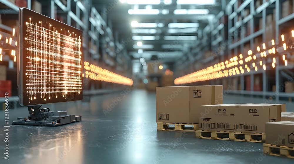 Poster Futuristic Automated Warehouse with Interconnected Robotic Networks and Holographic Inventory Displays  Advanced AI powered logistics system featuring smart conveyor belts neon glowing technology