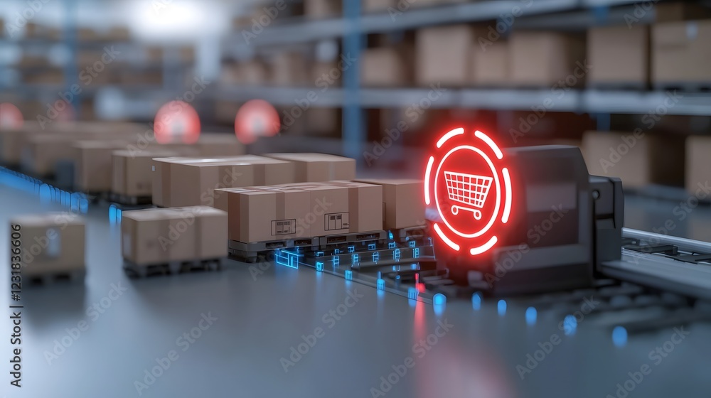 Aufkleber Futuristic AI powered warehouse with interconnected robotic networks smart conveyor systems and holographic inventory displays for advanced logistics automation and efficient material handling