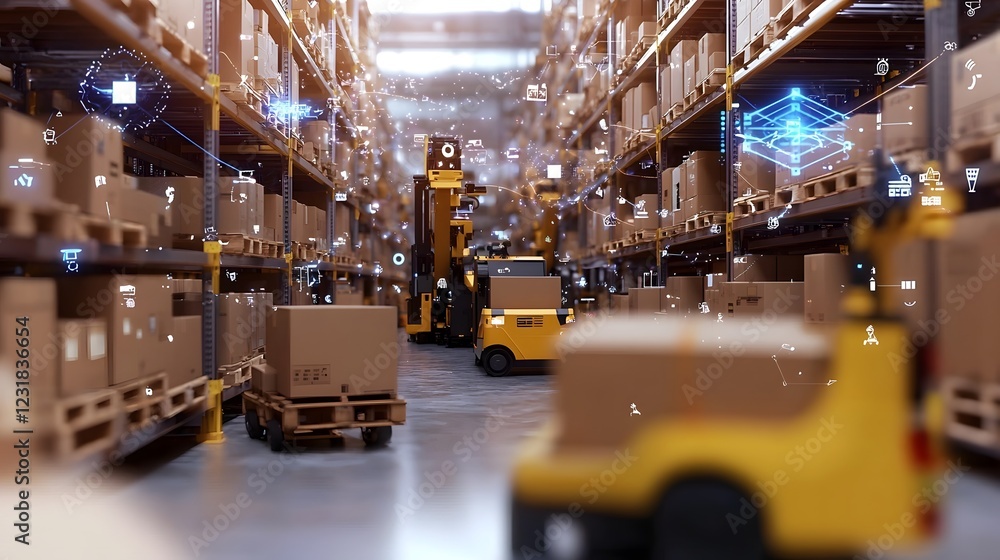 Poster Seamless Futuristic Logistics Hub with High Speed Robotic Sorting and Neon Infused Cybernetic Supply Chain Management  Holographic Data Visualization