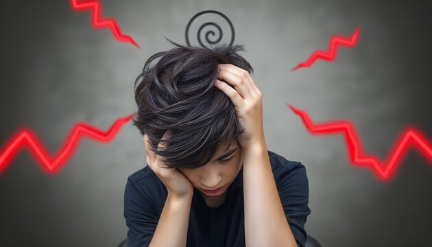 A young person with tousled dark hair, wearing a black shirt, sitting with their head tilted downward, holding their forehead in distress. The background features abstract red lightning shapes and a s - Powered by Adobe