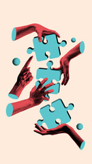 Multiple hands connecting puzzle pieces in surreal, abstract space, emphasizing cooperation....