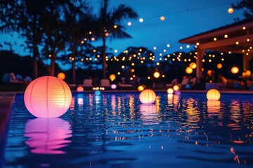 A pool party with glowing water features and floating decorations under a starry night sky.