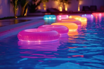 A poolside party scene with glowing floaties and neon decor reflecting in the water.