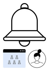 Large notification bell with a group dashboard screen and user profile icon. Ideal for teamwork, online events, communication, alerts, user engagement, collaboration, abstract line flat metaphor