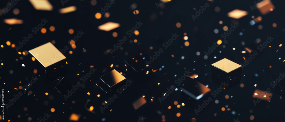 Poster confetti overlay texture with square shapes and geometric patterns on a black background
