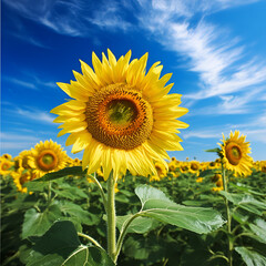 Obraz premium Sunflower Field in Bloom: A vibrant field of sunflowers basking in the sun's golden light, set against a backdrop of a bright blue sky, evokes a sense of joy, hope.