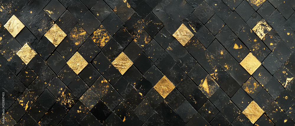 Poster confetti overlay with square shapes and golden patterns on a dark background