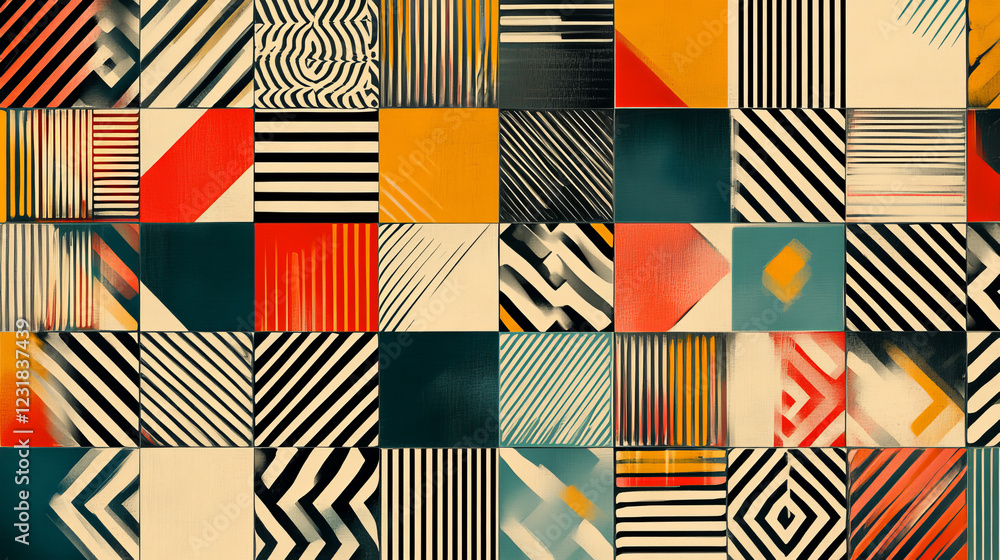 Poster vector seamless pattern from geometric tiles with repeating striped squares. modern stylish texture 