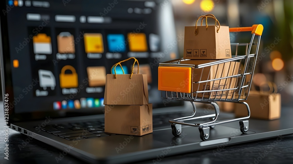 Poster Futuristic online shopping cyber marketplace concept featuring a high tech shopping cart with various parcels and packages showcased on a laptop displaying a sleek
