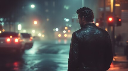 A man in a leather jacket walking down a foggy street in the city at night