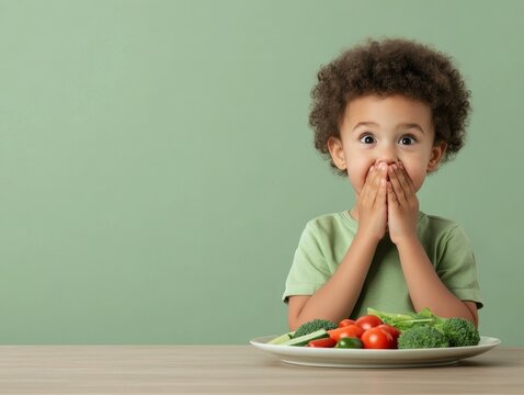 Сapricious young boy sitting at the table with a plate of vegetables, picky eater concept for healthy lifestyle 5