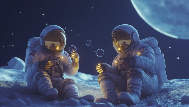Two astronauts in space suits, making soap bubbles on the moon.