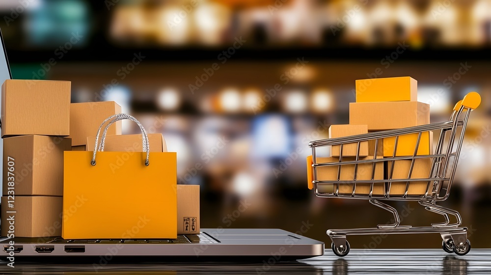 Poster An online shopping cart overflowing with various packages and parcels positioned next to a sleek laptop displaying an e commerce website