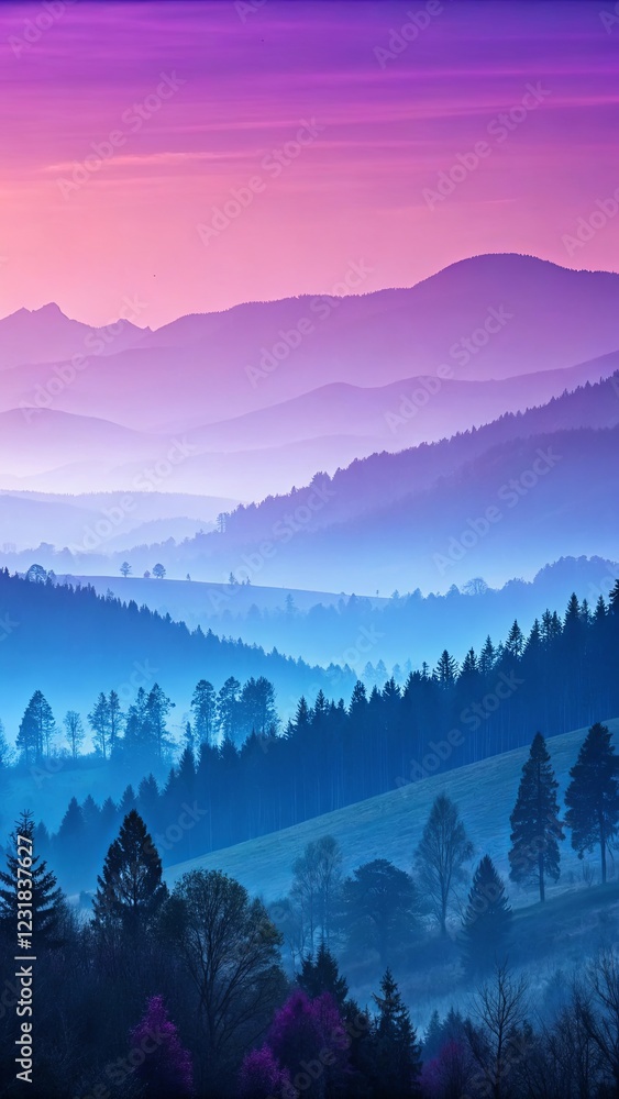 Poster a mountain range with a blue sky in the background