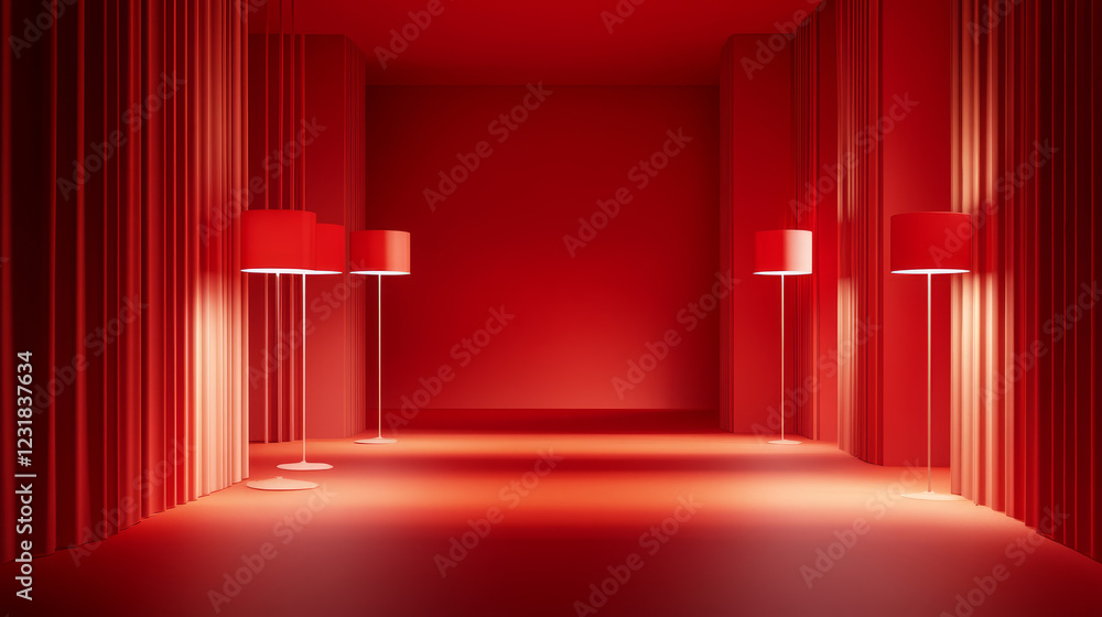 Poster empty red room. 3d studio background in perspective view. abstract backdrop for photography, modern 