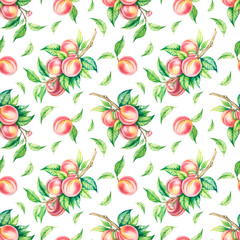 Seamless pattern with peach fruit on a branch. Watercolor peach seamless pattern can be used for wallpaper, website background, textile printing