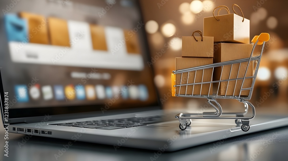 Poster overflowing shopping cart filled with packages positioned next to a sleek laptop displaying an onlin