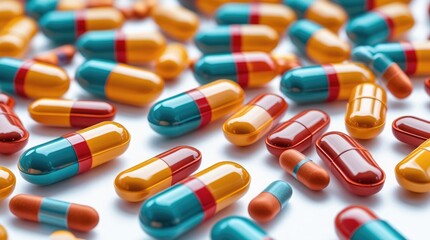 Assorted colorful medical pills and food supplements on white background. Concept of addiction, medicine shortage, pharmaceutical business, mental and physical health, obesity.