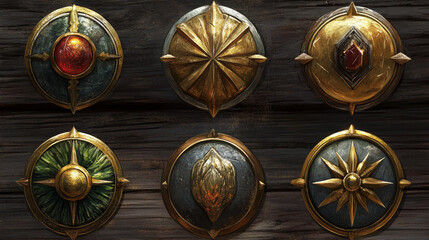 Fantasy gold, silver and bronze game achievement medal badges for game ui design