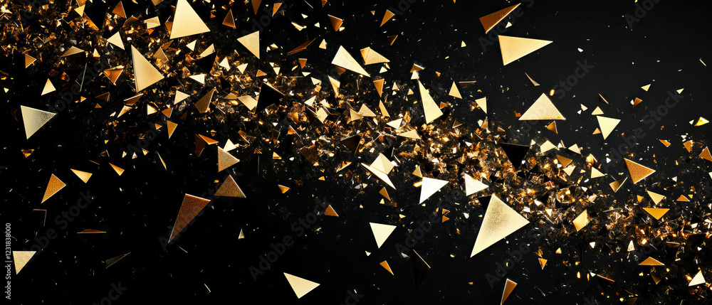 Poster colorful confetti in triangular shapes cascades across a dark backdrop, adding excitement and charm