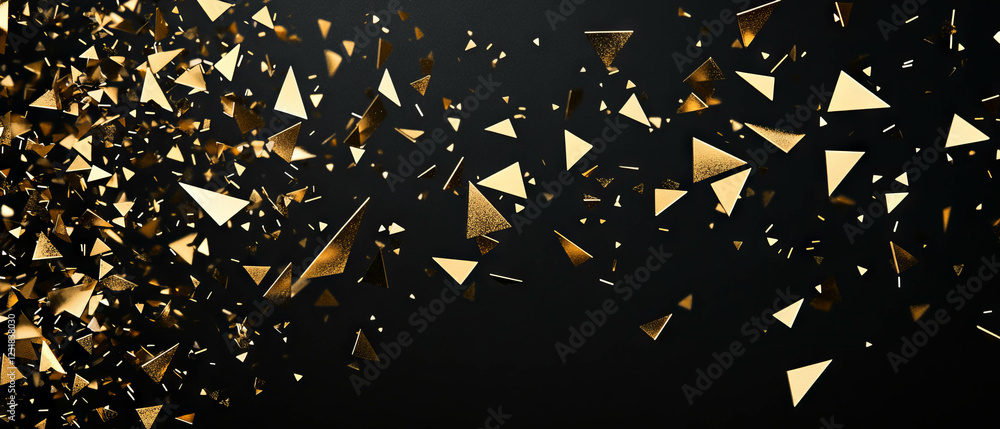 Poster Festive confetti overlay with triangular shapes and sharp golden edges on a black background