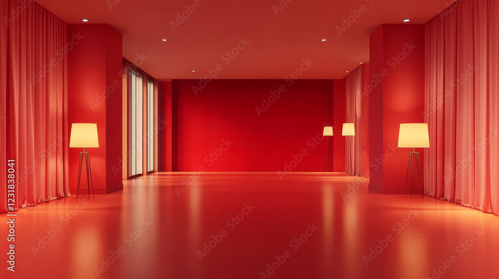 Poster empty red room. 3d studio background in perspective view. abstract backdrop for photography, modern 