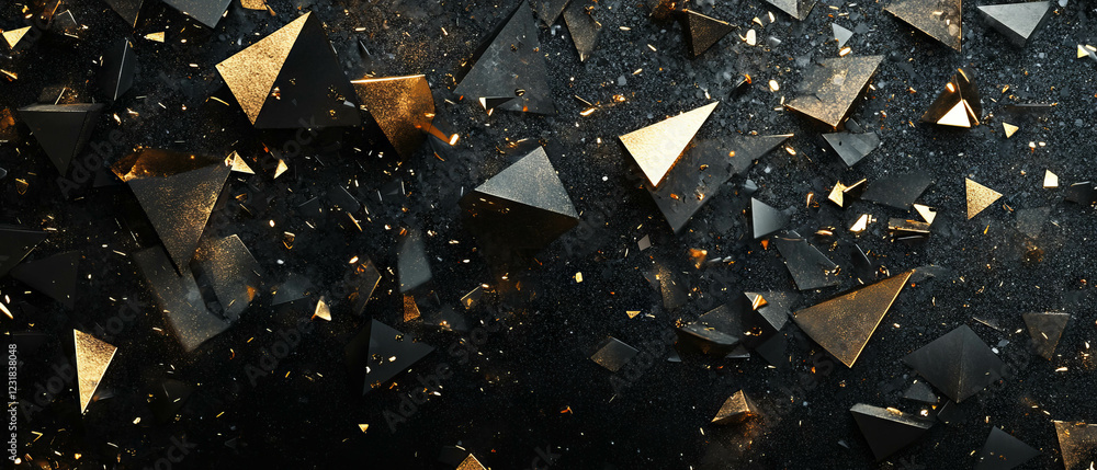 Poster colorful confetti with triangular shapes and golden edges on a black background