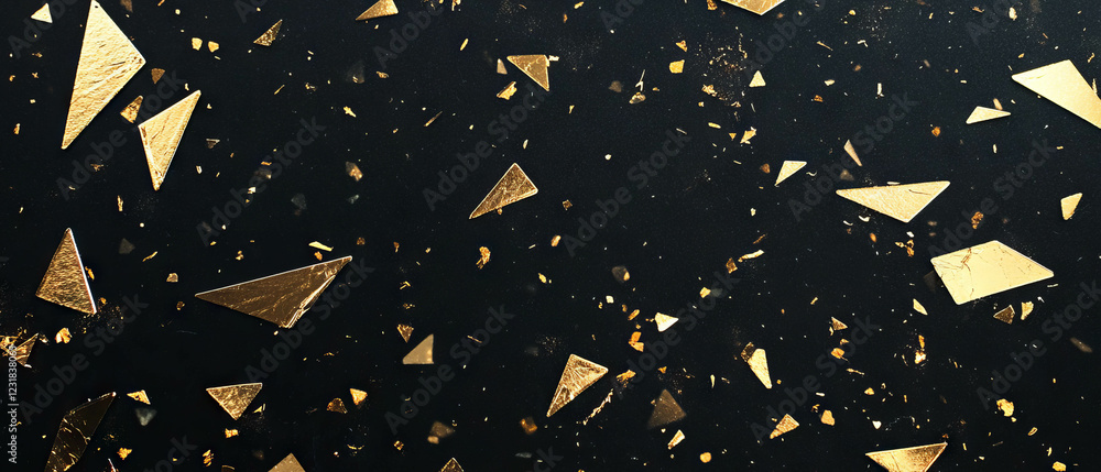 Poster confetti texture featuring triangular shapes with golden edges on a black background