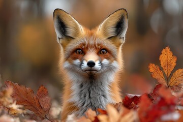 Red fox amidst autumn leaves in forest